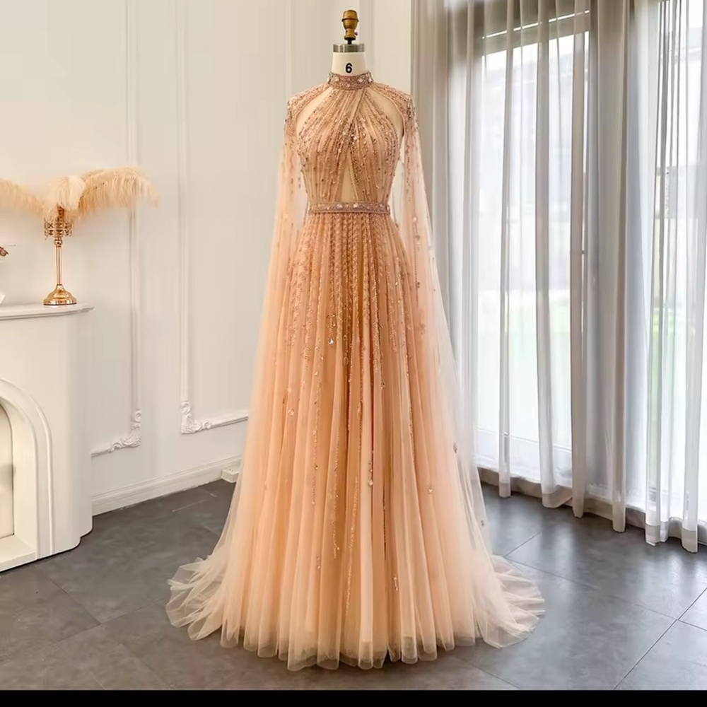 New Elegant Champagne Formal Evening Prom Homecoming Dress Cape Sleeves Size 6